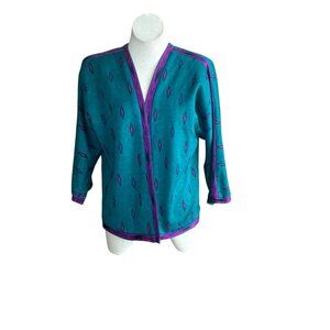 Vintage 80s Purple Teal Jewel Tone Open Cardigan Sweater Robbie Sport